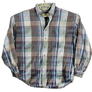 St Johns Bay Button Up Shirt Men Size L Green Blue Plaid Long Sleeve FLAW